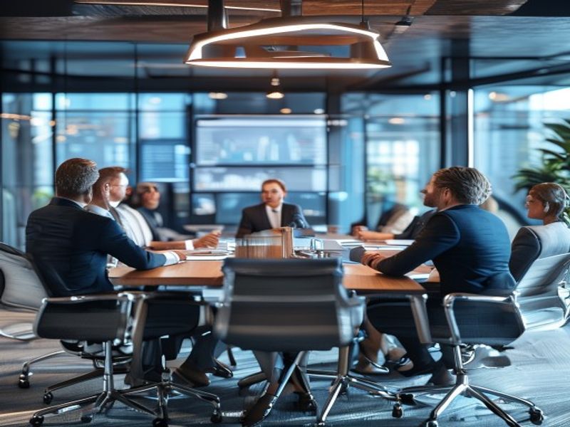 Executive business review session in modern boardroom